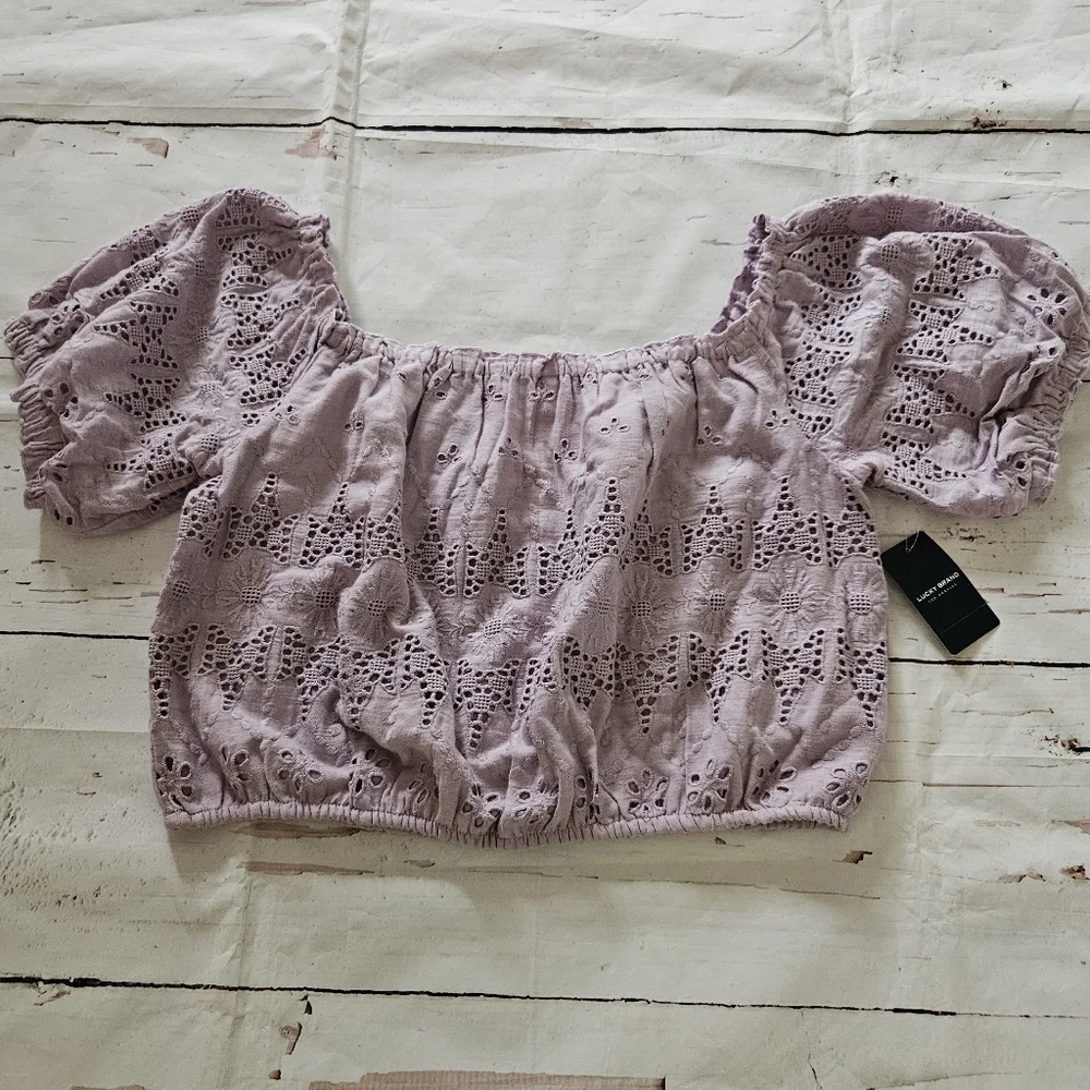 New Lucky Brand Women's Light Purple Off The Shoulder Pheasant Crop Top Size Med